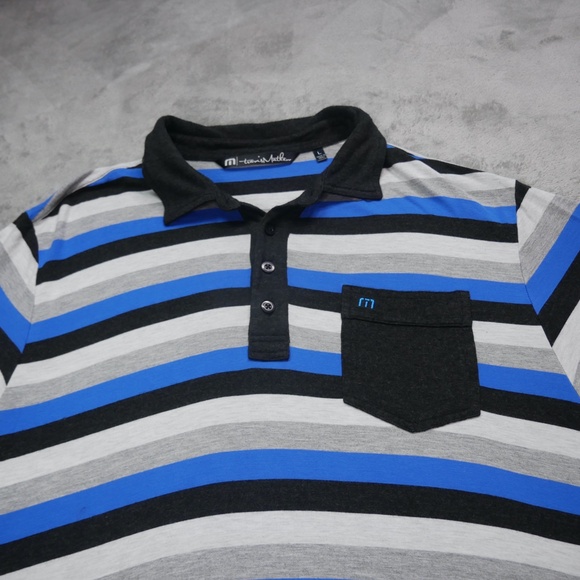 Travis Matthew Mens Large Black Blue Multicolored Stripe Short Sleeve Polo Shirt - Picture 3 of 12